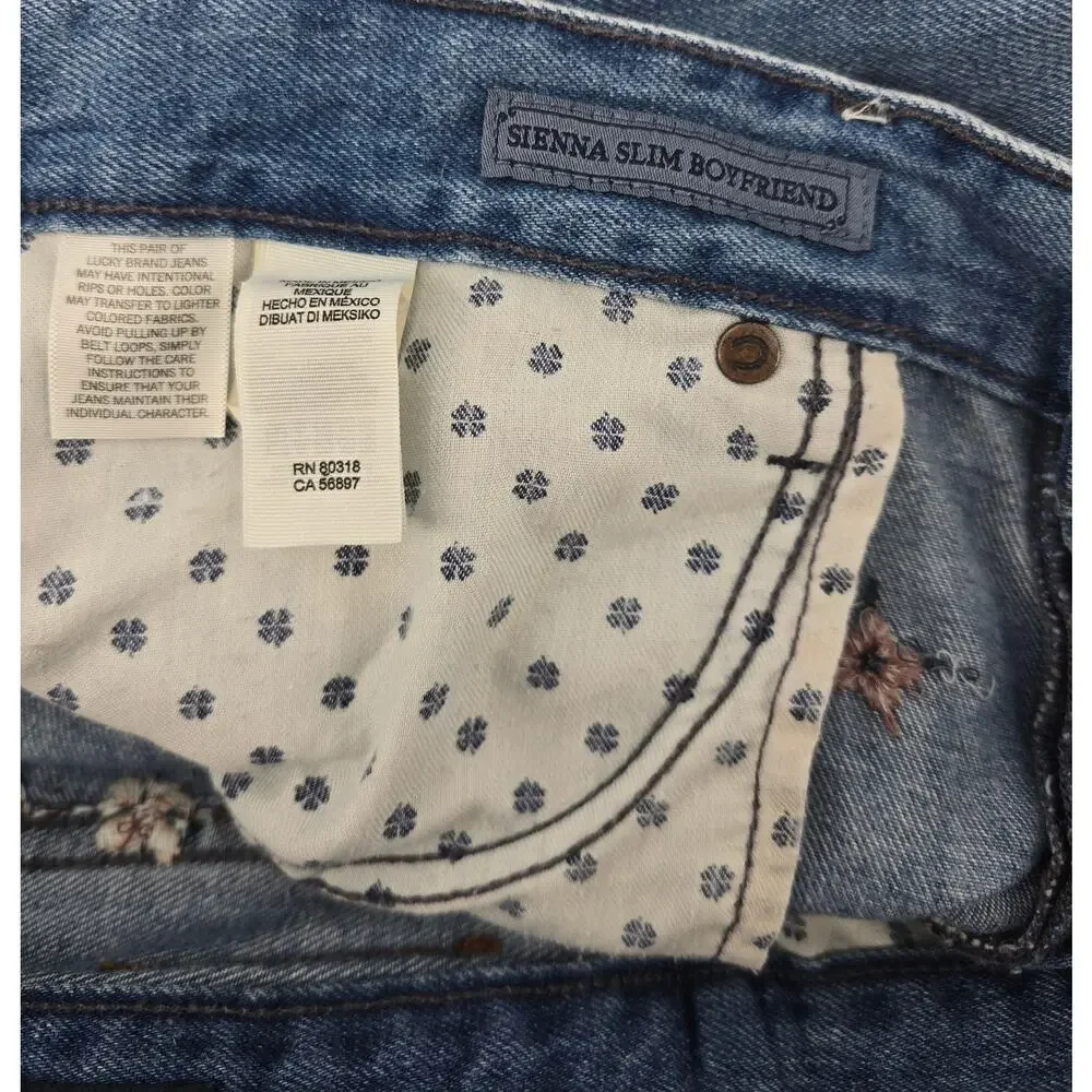 Lucky Brand  Button Fly Sienna Slim Boyfriend Embroidered‎ Distructed Jeans